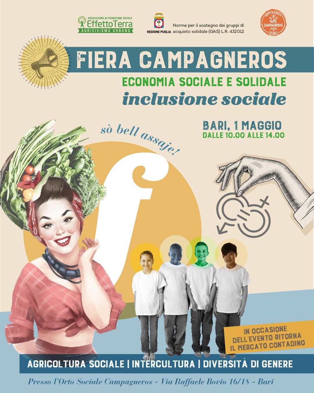 campagna social per FIERA-CAMPAGNEROS_donna anni 50 con frutta in testa, 4 bambini di etnie diverse e mano litografata con in mano i simboli di uomo e donna
