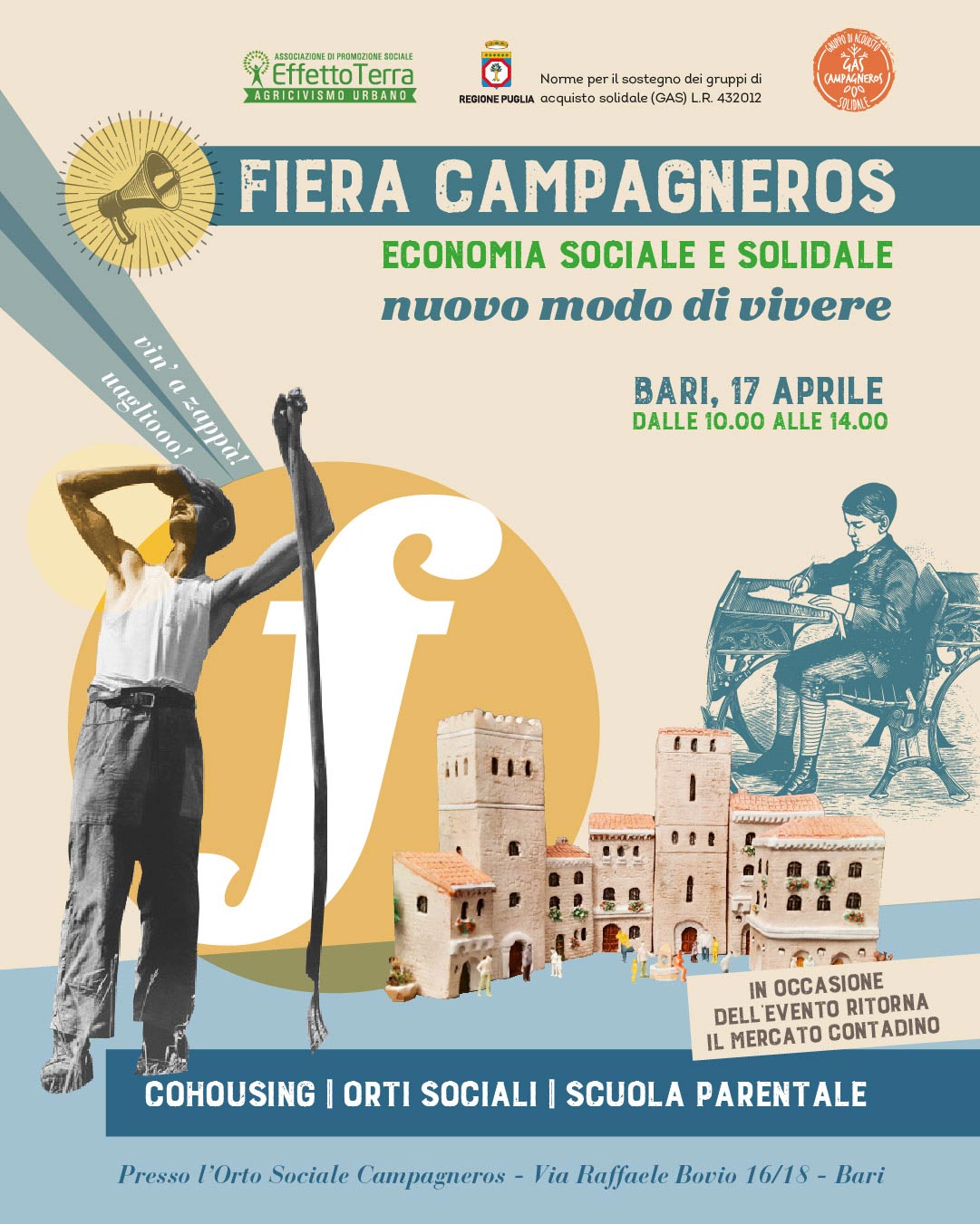 FIERA-CAMPAGNEROS nuovo-modo-di-vivere con contadino, castello e litografia d'epoca di un piccolo studente