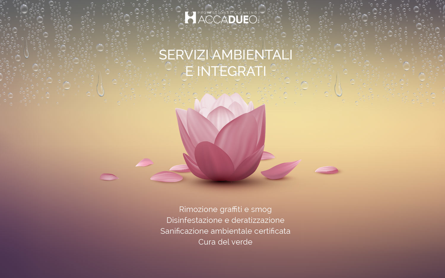 H2O home page sito internet-servizi ambientali integrati-fior di loto su sfondo giallo-rosa con gocce d'acqua