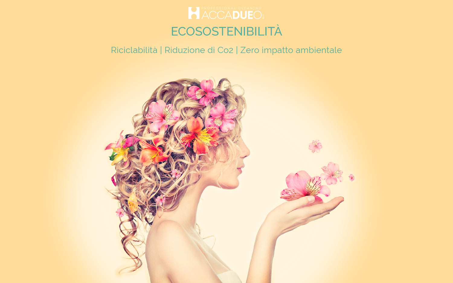 H2O home page sito internet-ecosostenibilia-donna con fiori in mano e tra capelli