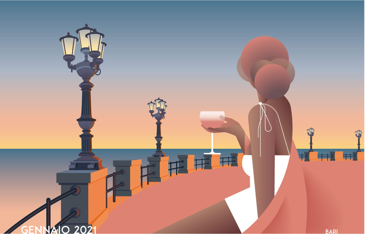 illustrazione della città di Bari con donna che brinda al tramonto -autoservizi tempesta calendario