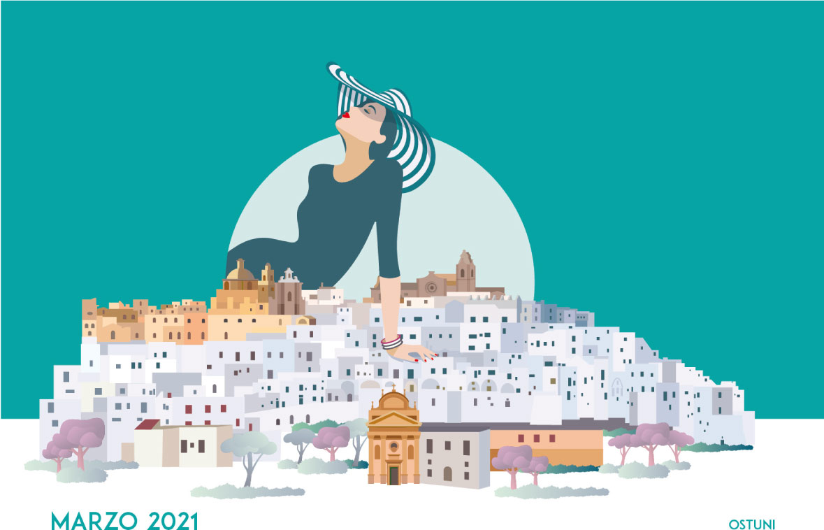 illustrazione della città di Ostuni con donna con cappello sullo sfondo della città-autoservizi tempesta calendario