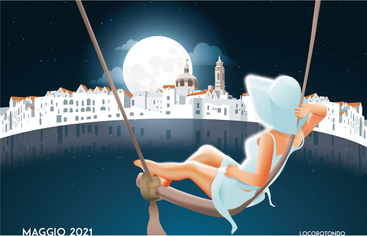 illustrazione della città di locorotondo con donna con cappello su dondolo-autoservizi tempesta calendario