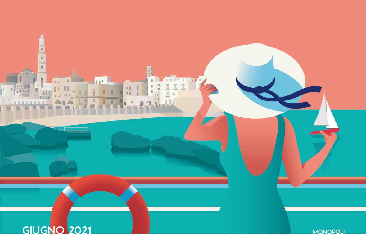 illustrazione della città di monopoli con con donna con cappello e barchetta-autoservizi tempesta calendario