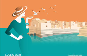 illustrazione di polignano a mare con con donna con cappello che soffia ai gabbiani-autoservizi tempesta calendario