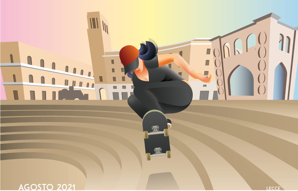 illustrazione della piazza di lecce con ragazza su monopattino-autoservizi tempesta calendario