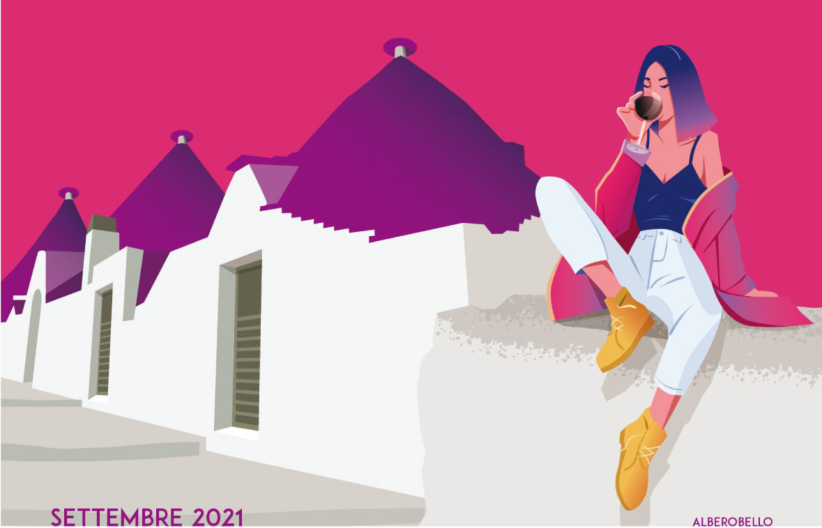 illustrazione di trulli di alberobello con donna su muretto-autoservizi tempesta calendario