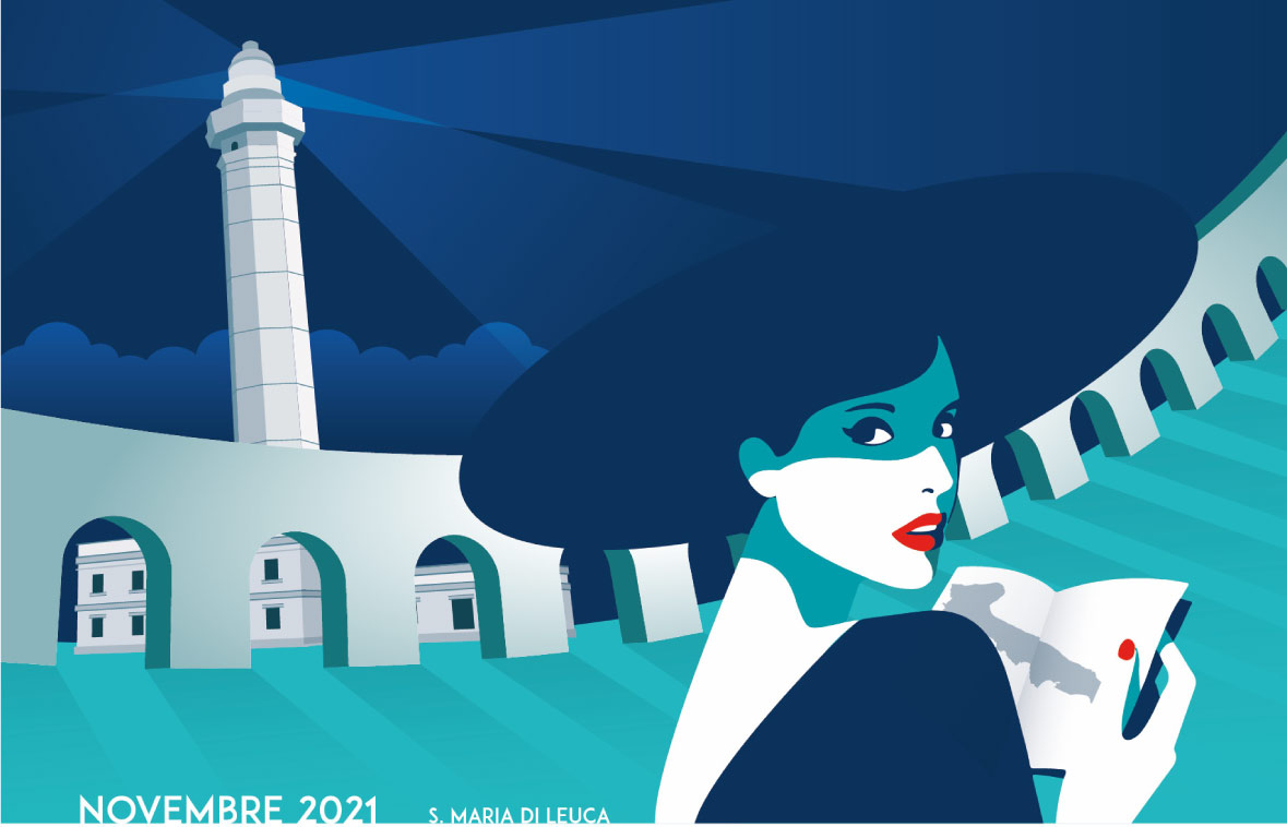 illustrazione di santa maria di leuca di notte con donna con cappello -autoservizi tempesta calendario