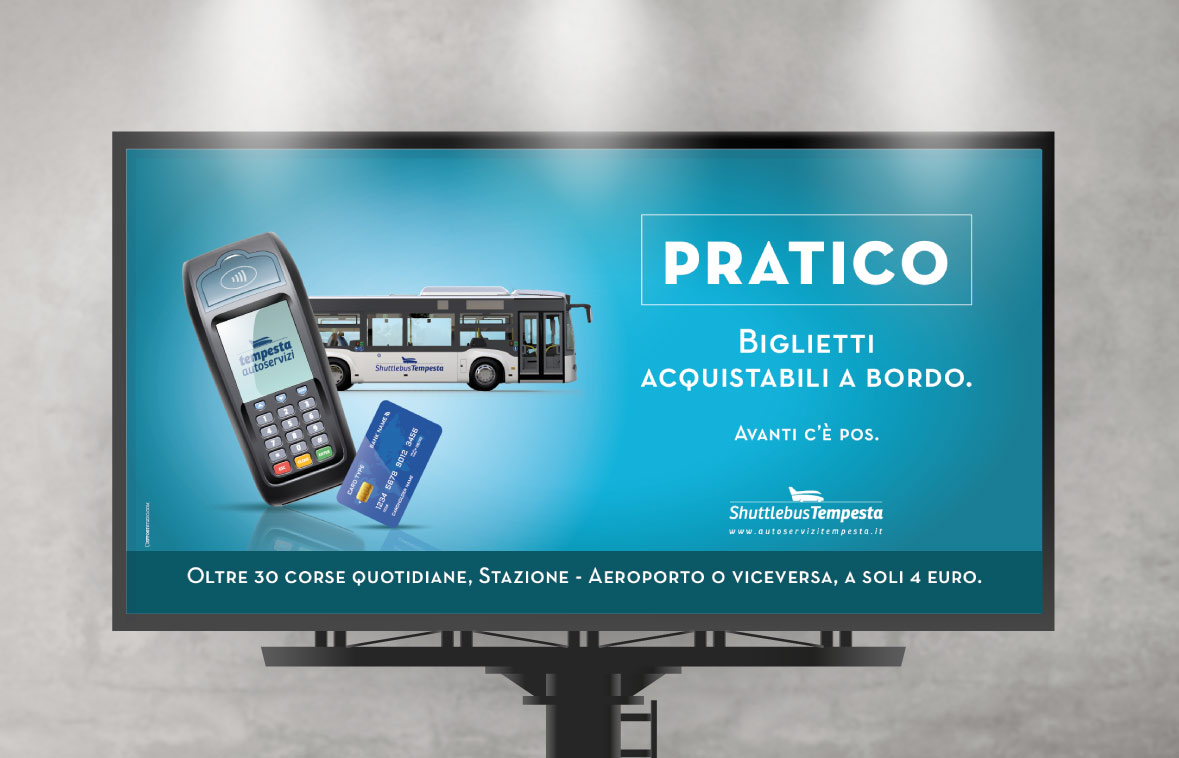 cartellone pubblicitario 6x3 per Autoservizi-tempesta con bus e pos per biglietti